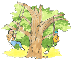 木のブランコで遊ぶ子ども2名
